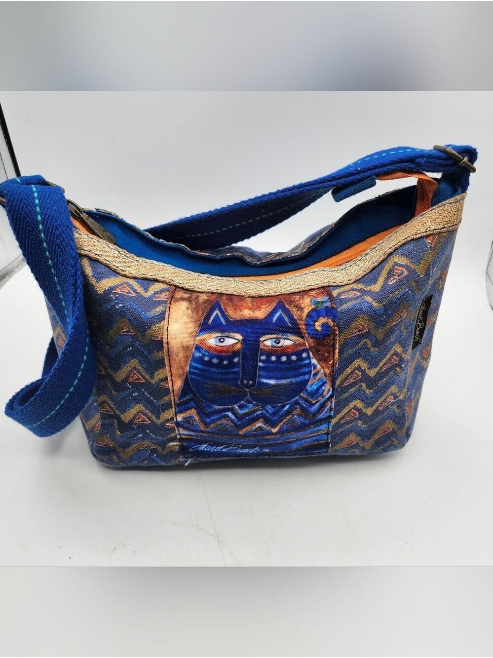 Laurel Burch Blue Cat Pattern Shoulder Bag with Gold Accents